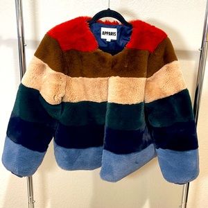Apparis Faux Fur Jacket. Multicolored stripes.